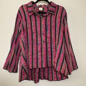 Vintage Pink Colorful Boho Chic Artsy Maximalist Striped Button Down Shirt XL